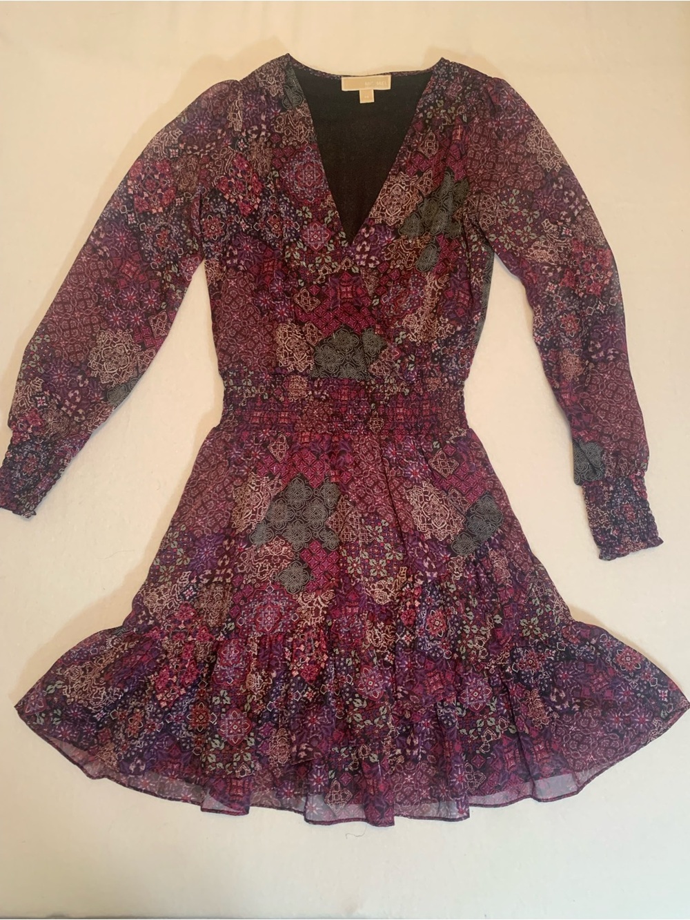 Michael Kors Patchwork Georgette Smock-Waist Faux-Wrap Ruffle Dress Size XS
